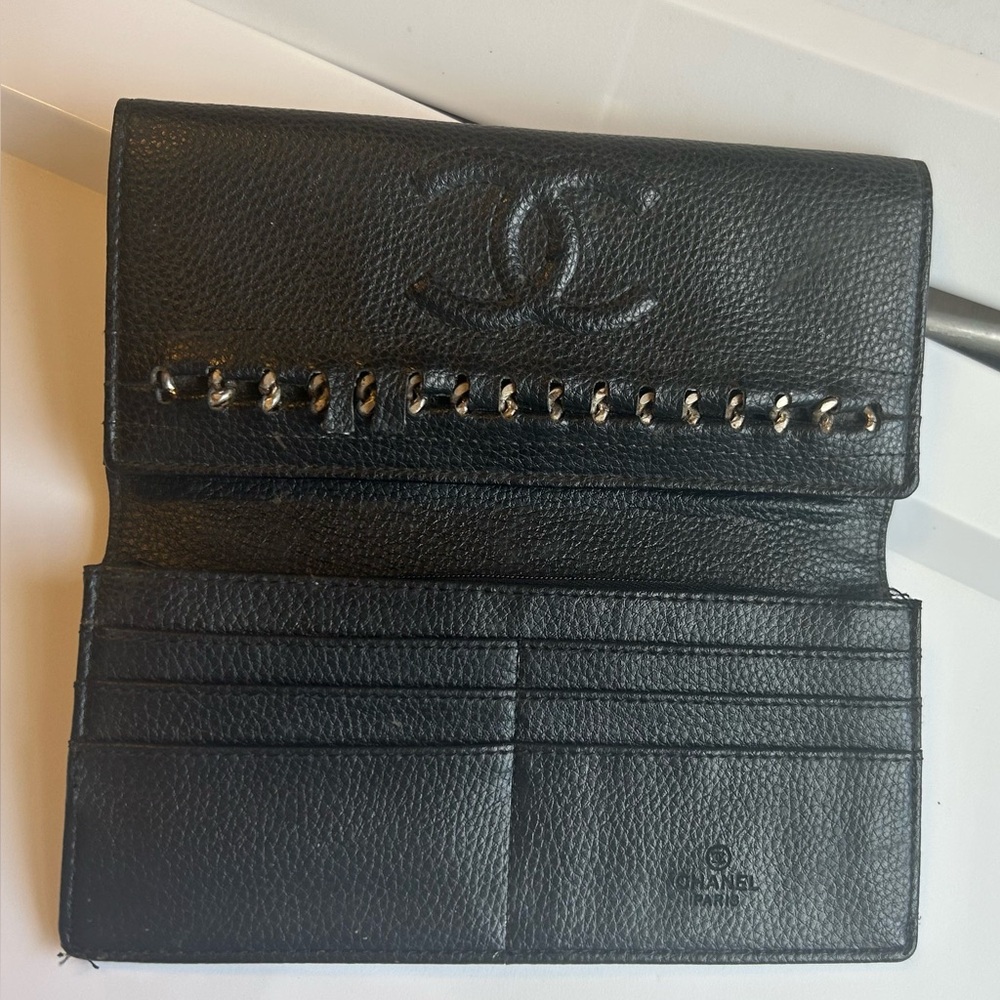 Vintage Chanel CC Logo Black Caviar Leather Wallet Designer Authentic Trifold - Picture 14 of 14